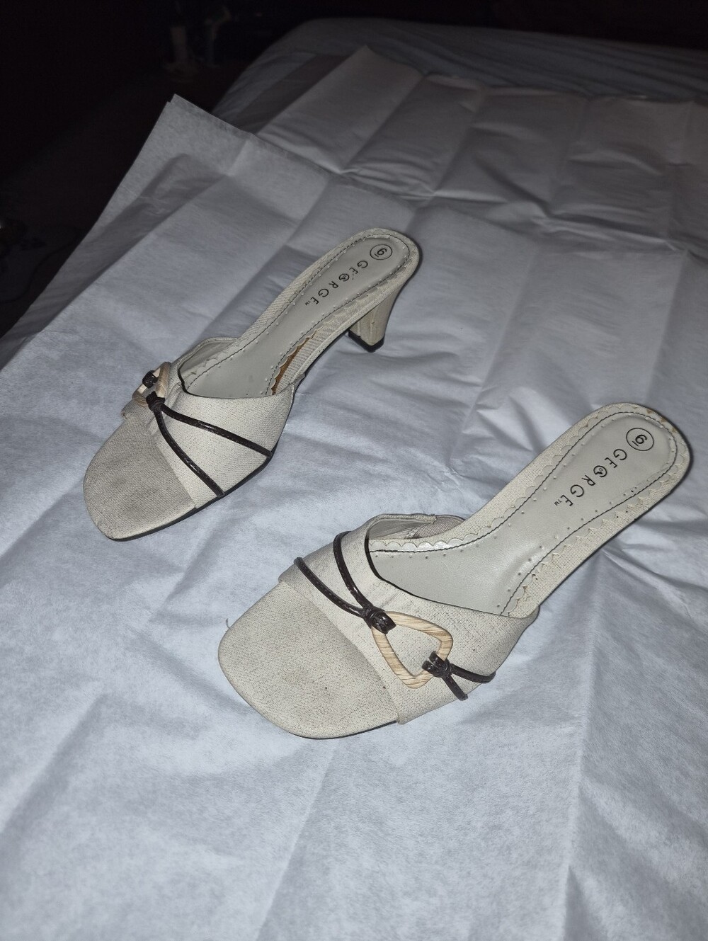 George Beige Open-Toe Heeled Mules with Dark Brown Accents